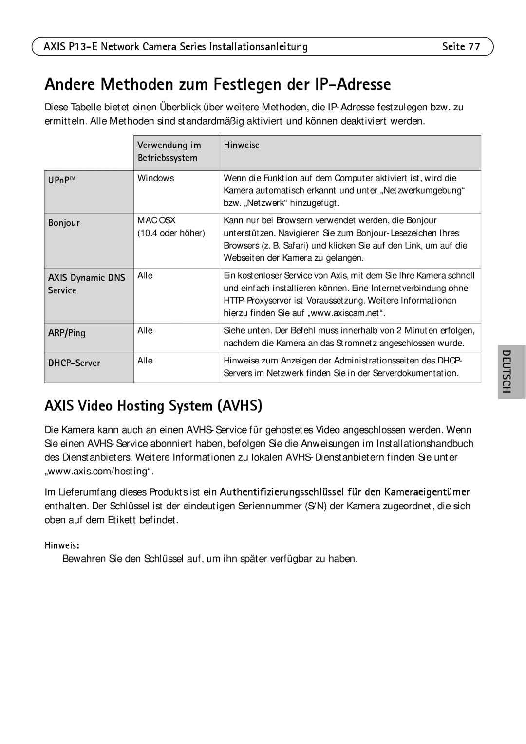 Axis Communications P13-E, P1343-E Andere Methoden zum Festlegen der IP-Adresse, Axis Video Hosting System Avhs, Hinweise 