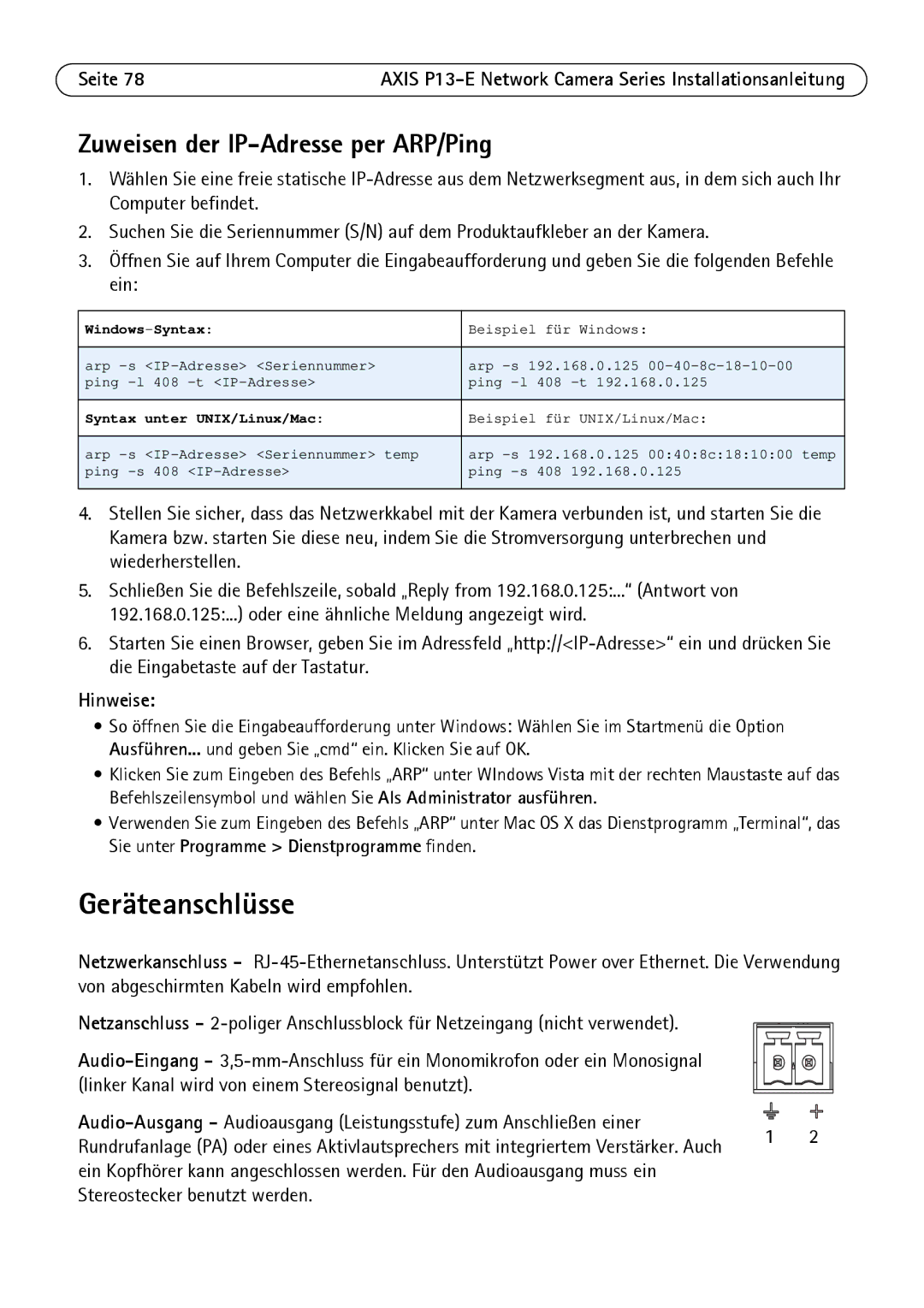 Axis Communications P1343-E, P1347-E, P13-E manual Geräteanschlüsse, Zuweisen der IP-Adresse per ARP/Ping 