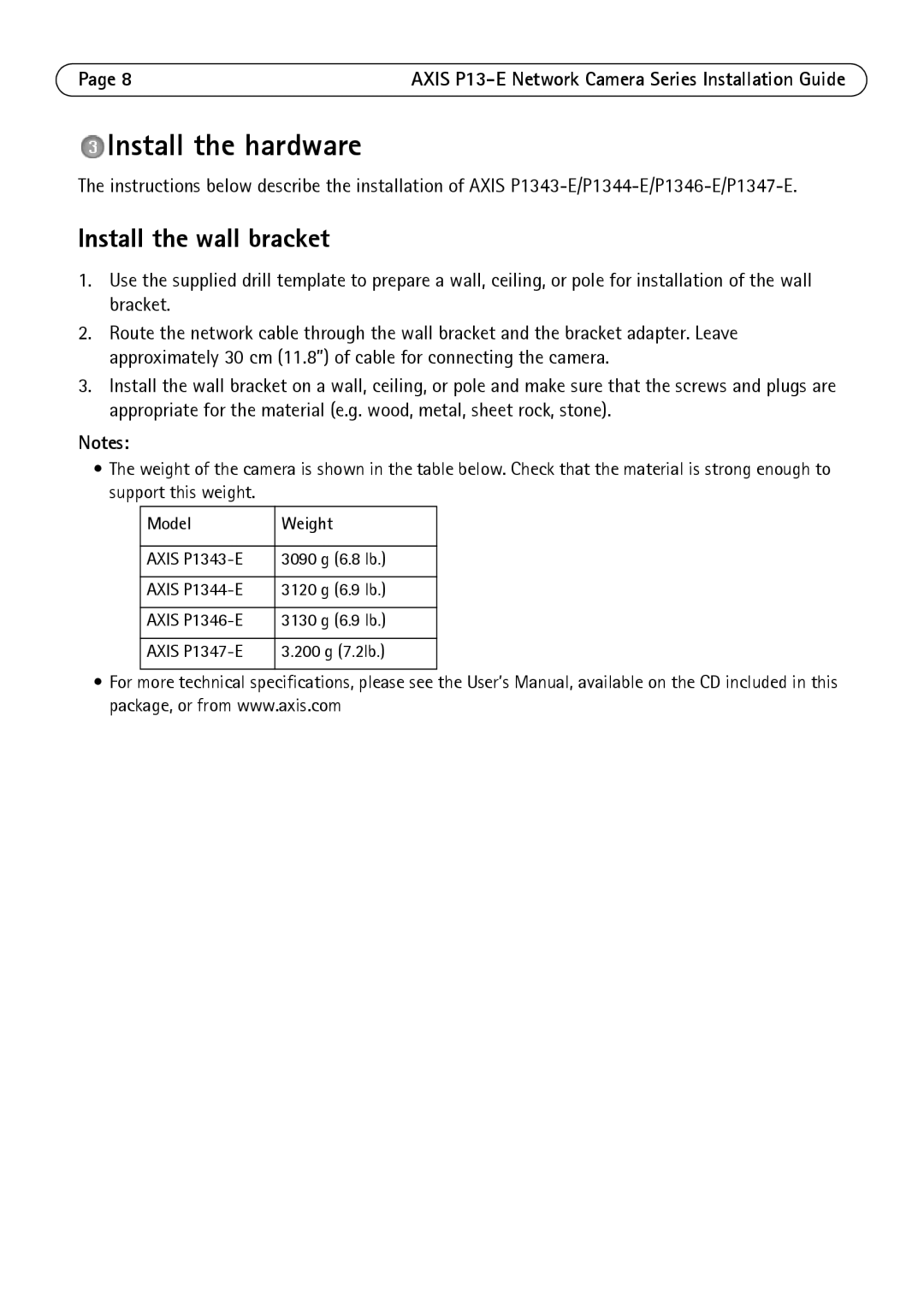 Axis Communications P13-E, P1343-E, P1347-E manual Install the hardware, Install the wall bracket, Model Weight 