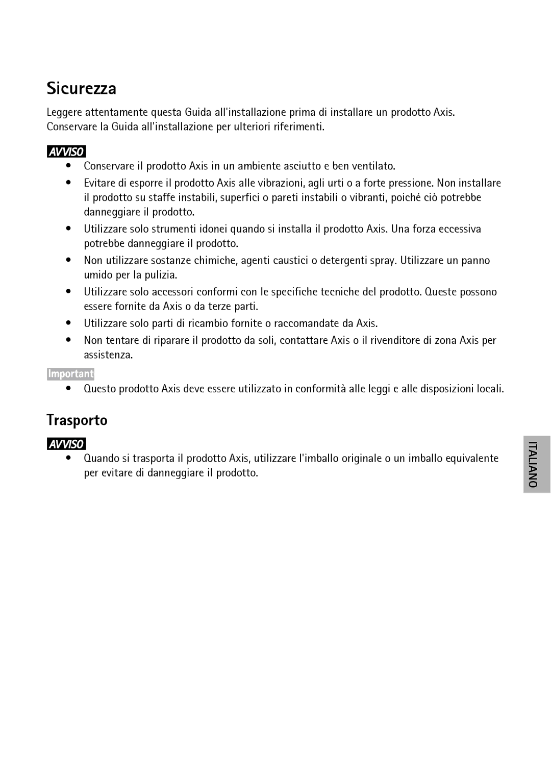 Axis Communications P1347-E, P1343-E, P13-E manual Sicurezza, Trasporto 