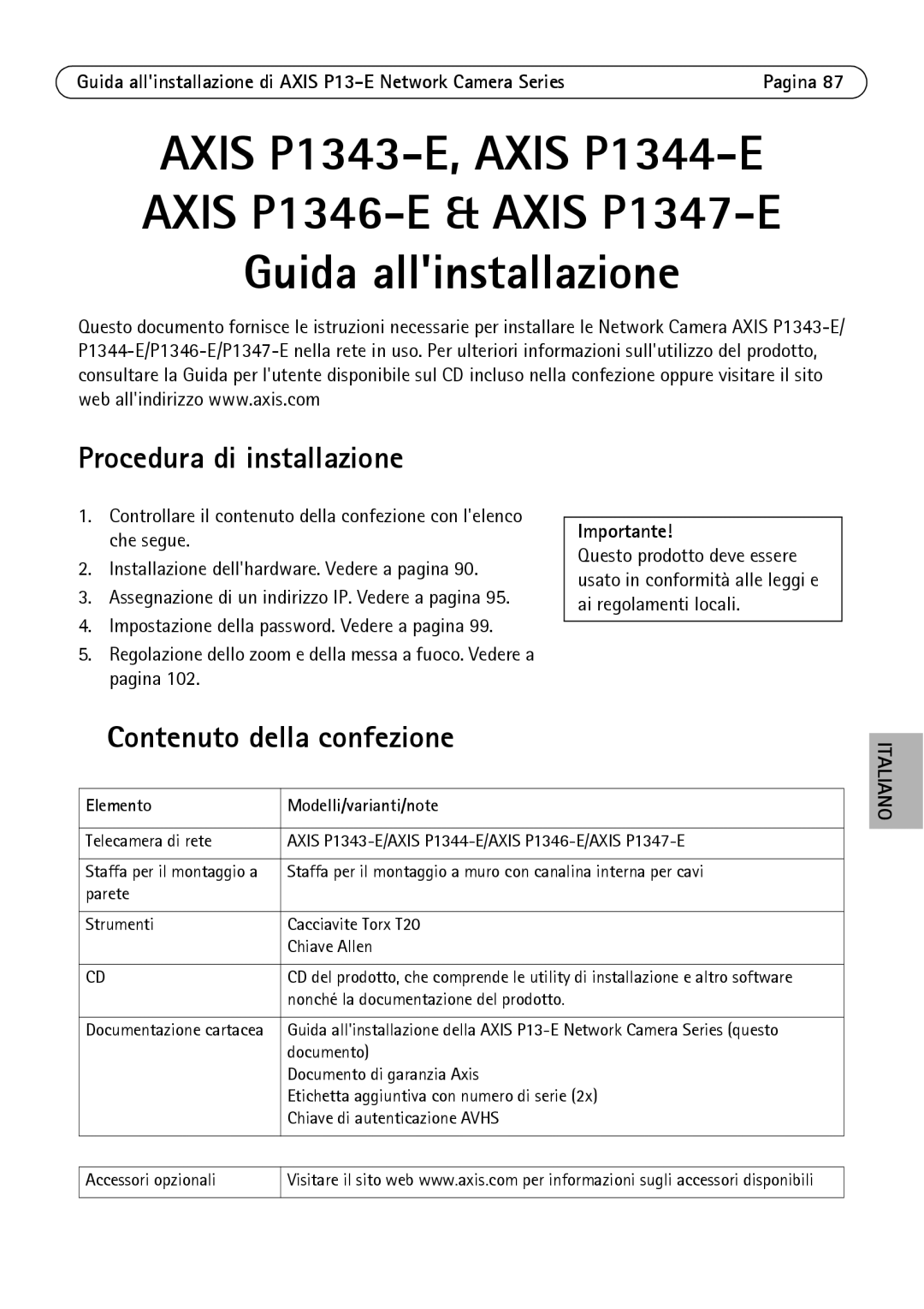 Axis Communications P1343-E, P13-E Procedura di installazione, Contenuto della confezione, Elemento Modelli/varianti/note 