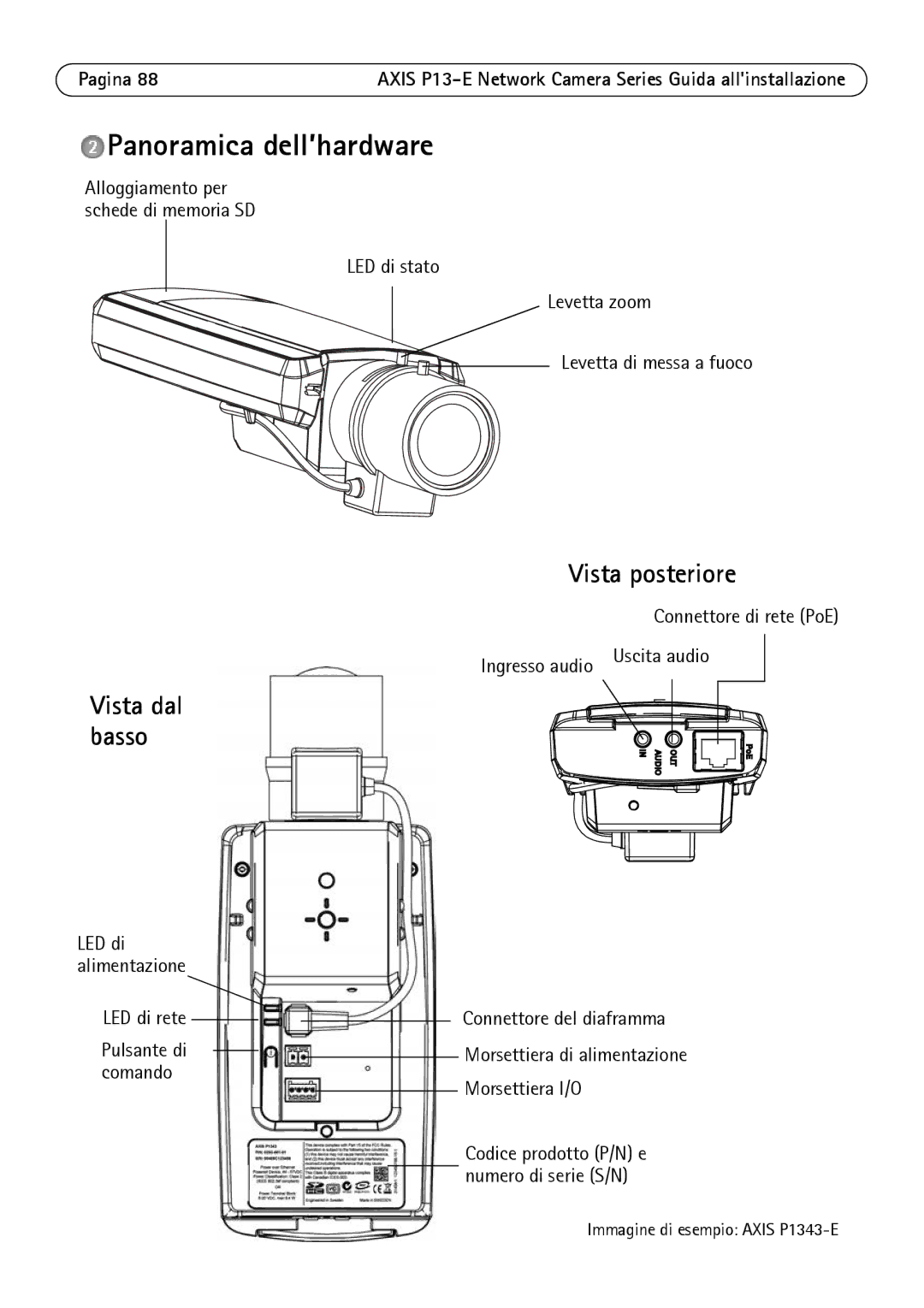 Axis Communications P1347-E, P1343-E, P13-E manual Panoramica dell’hardware, Vista posteriore, Vista dal basso, LED di rete 