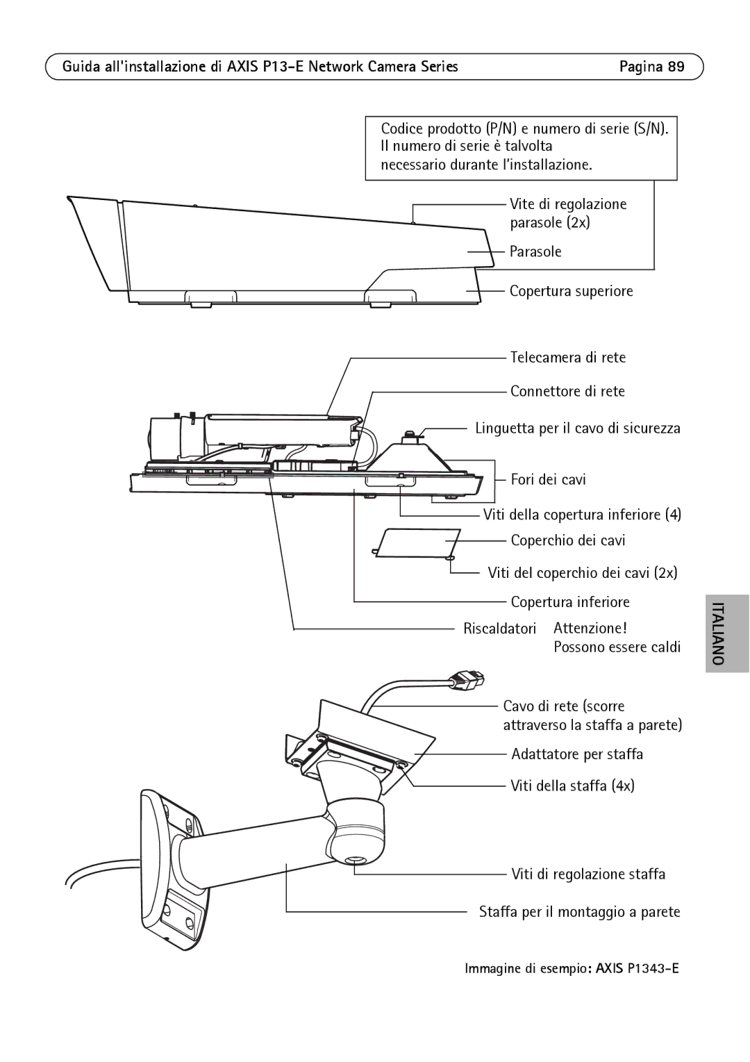 Axis Communications P13-E Cavo di rete scorre Attraverso la staffa a parete, Codice prodotto P/N e numero di serie S/N 