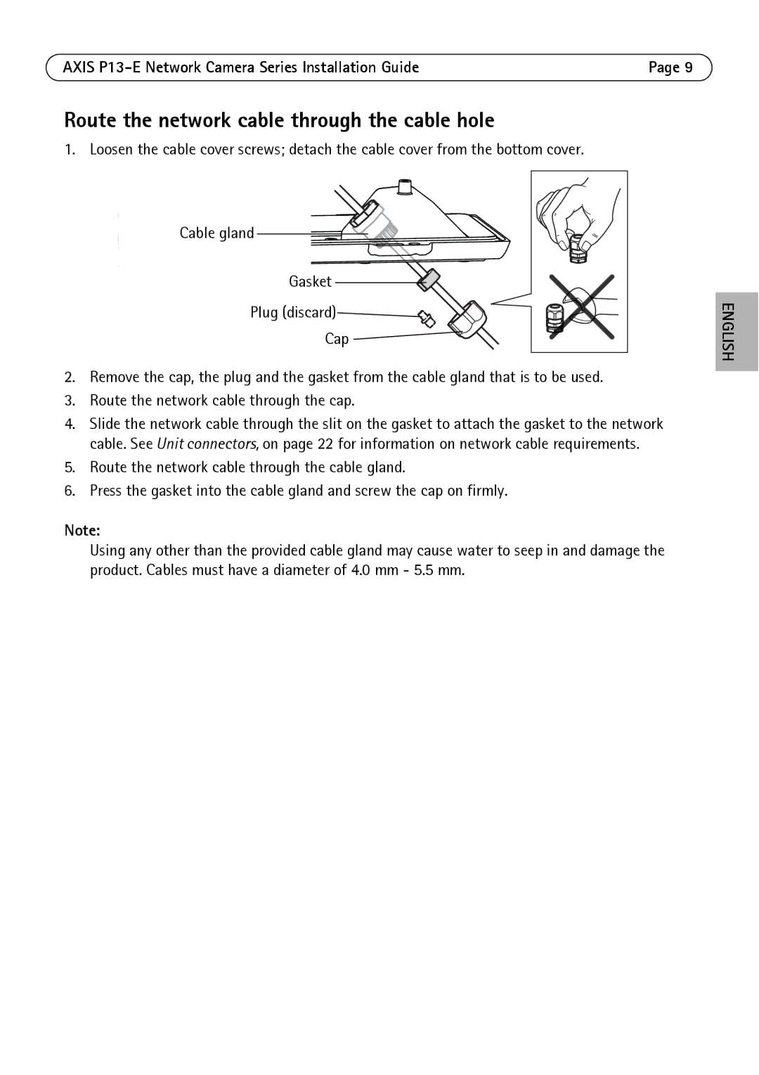 Axis Communications P1343-E, P1347-E, P13-E manual Route the network cable through the cable hole 