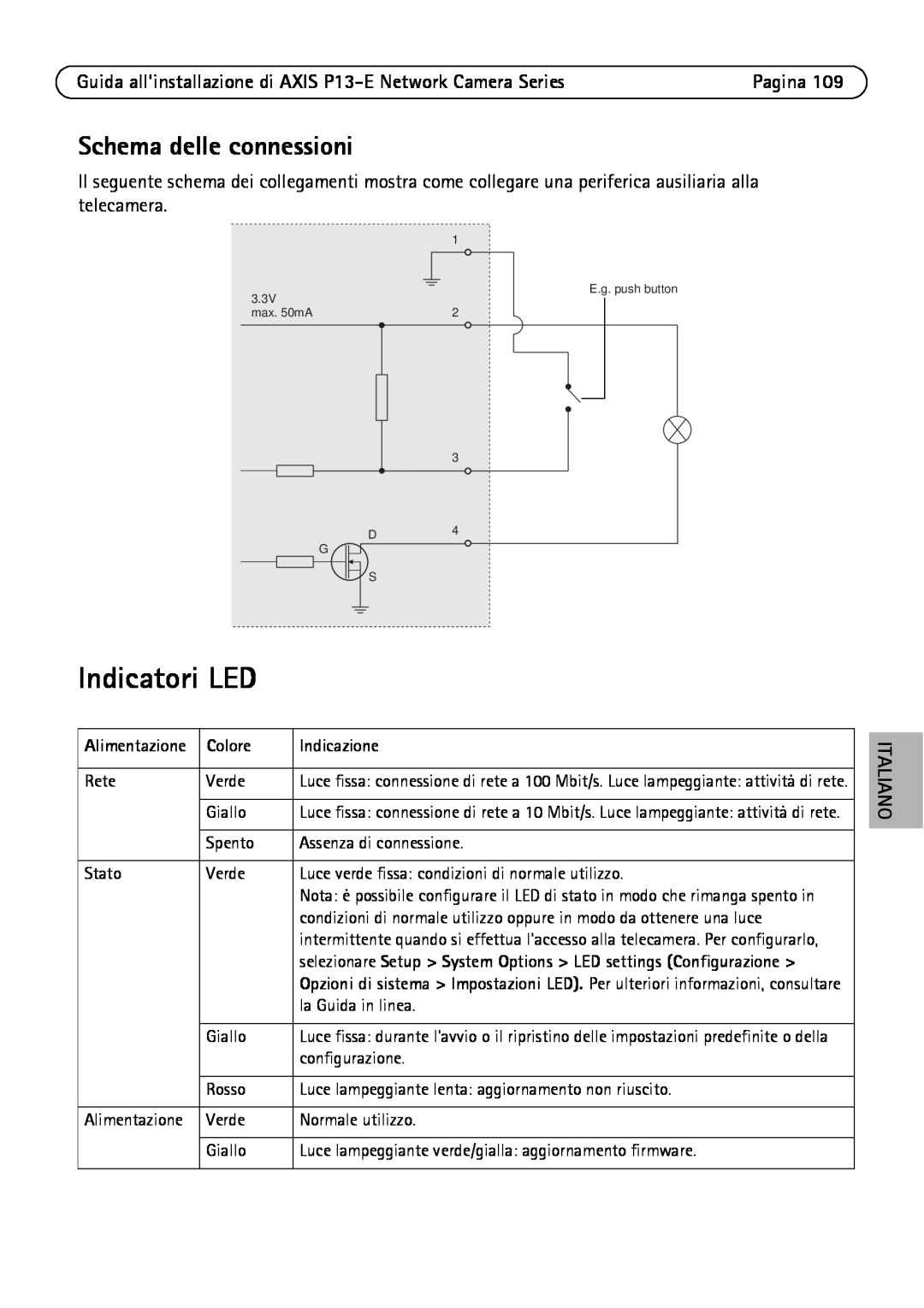 Axis Communications P1347-E, P1343-E, P13-E manual Indicatori LED, Schema delle connessioni, Colore, Indicazione 