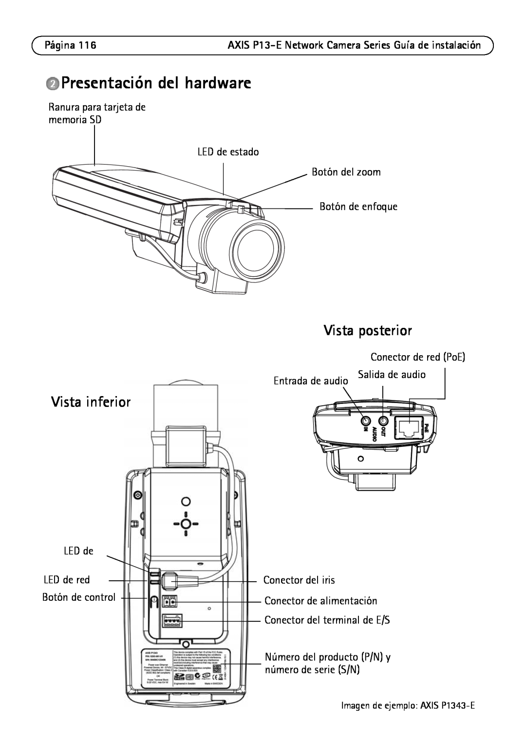 Axis Communications P13-E, P1343-E, P1347-E manual Presentación del hardware, Vista inferior, Vista posterior 