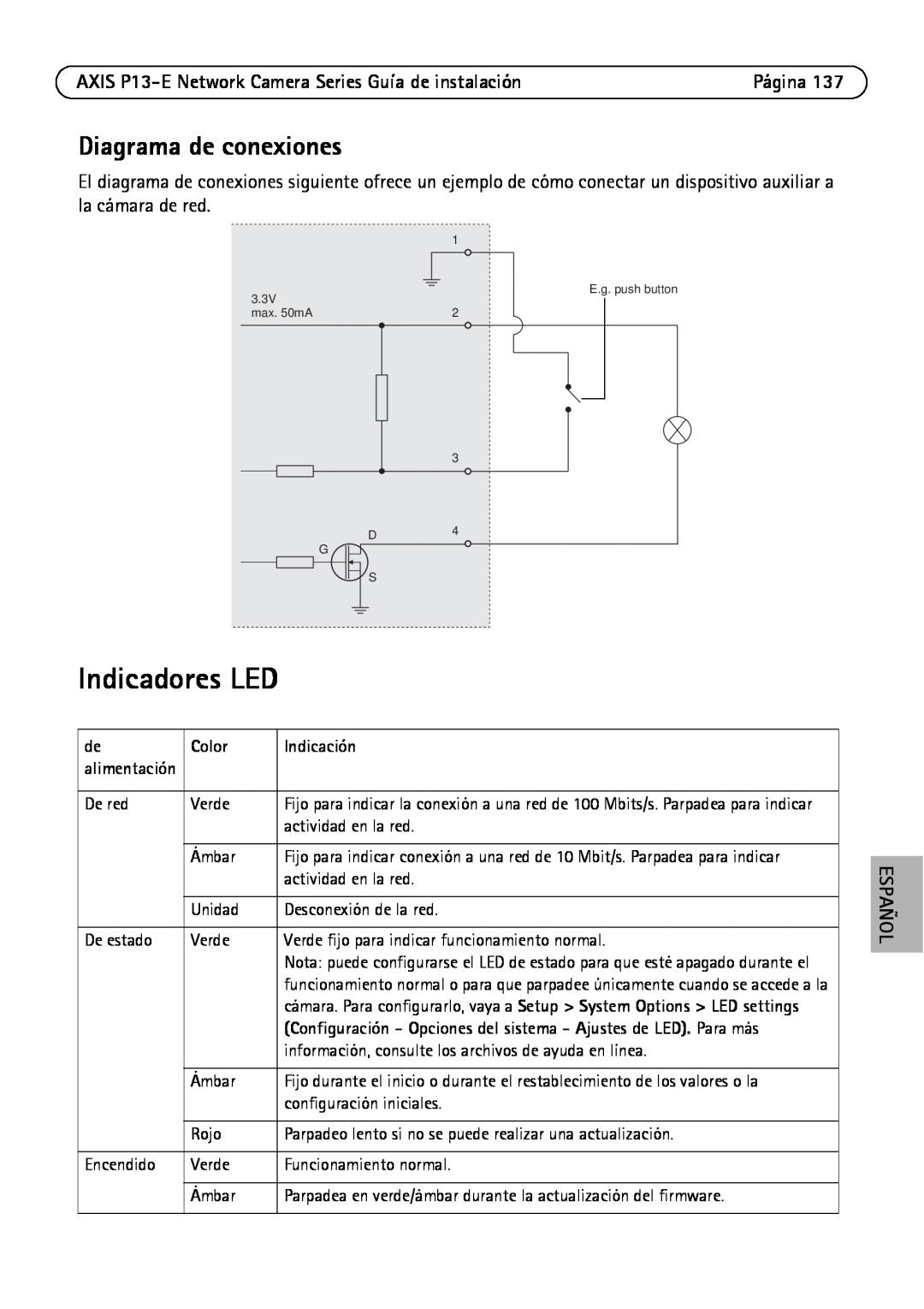 Axis Communications P13-E, P1343-E, P1347-E manual Indicadores LED, Diagrama de conexiones, Color, Indicación 