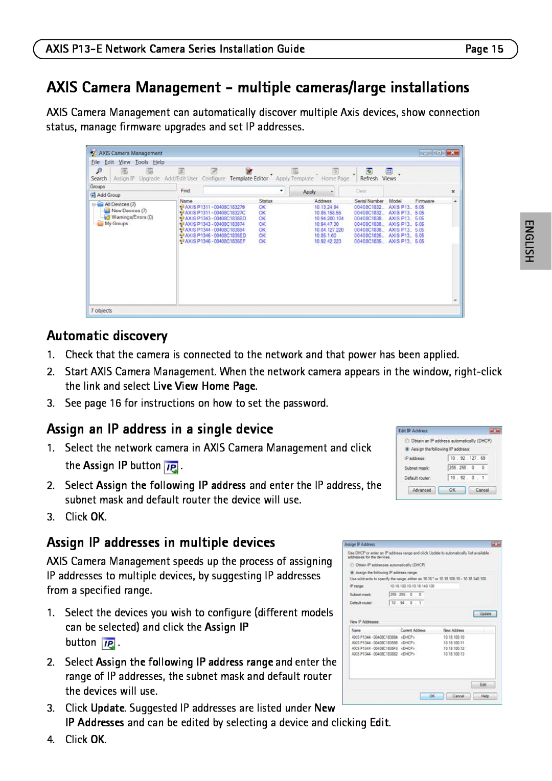 Axis Communications P1343-E Assign an IP address in a single device, Assign IP addresses in multiple devices, English 