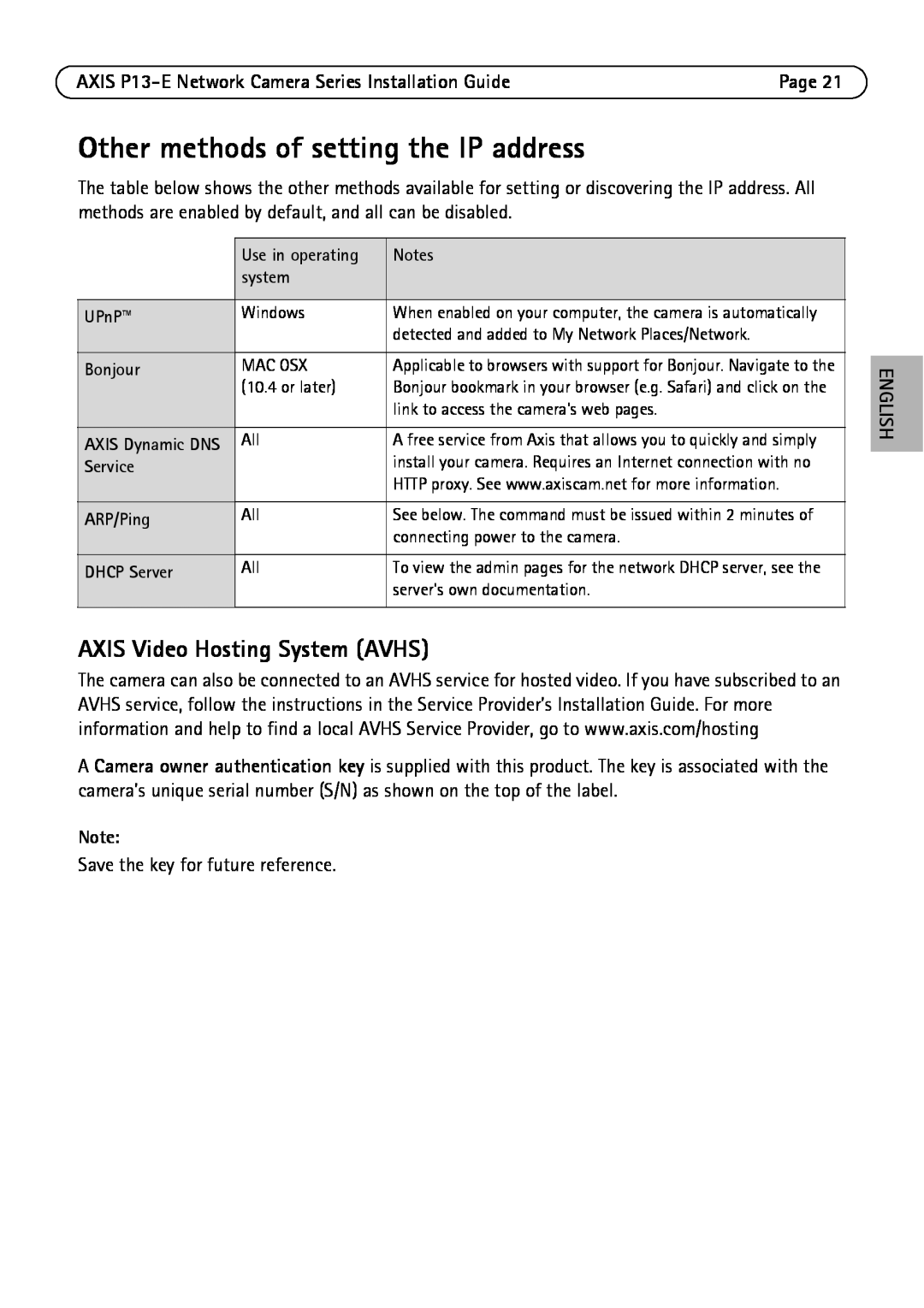 Axis Communications P1343-E Other methods of setting the IP address, AXIS Video Hosting System AVHS, Notes, system, UPnP 