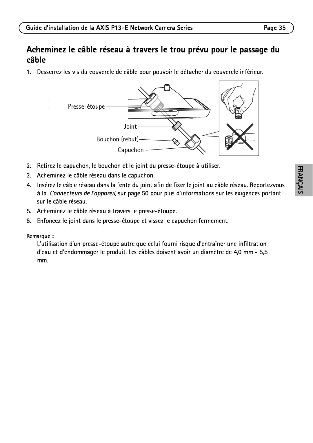 Axis Communications P13-E, P1343-E, P1347-E manual Presse -étoupe Joint Bouchon rebut Capuchon 