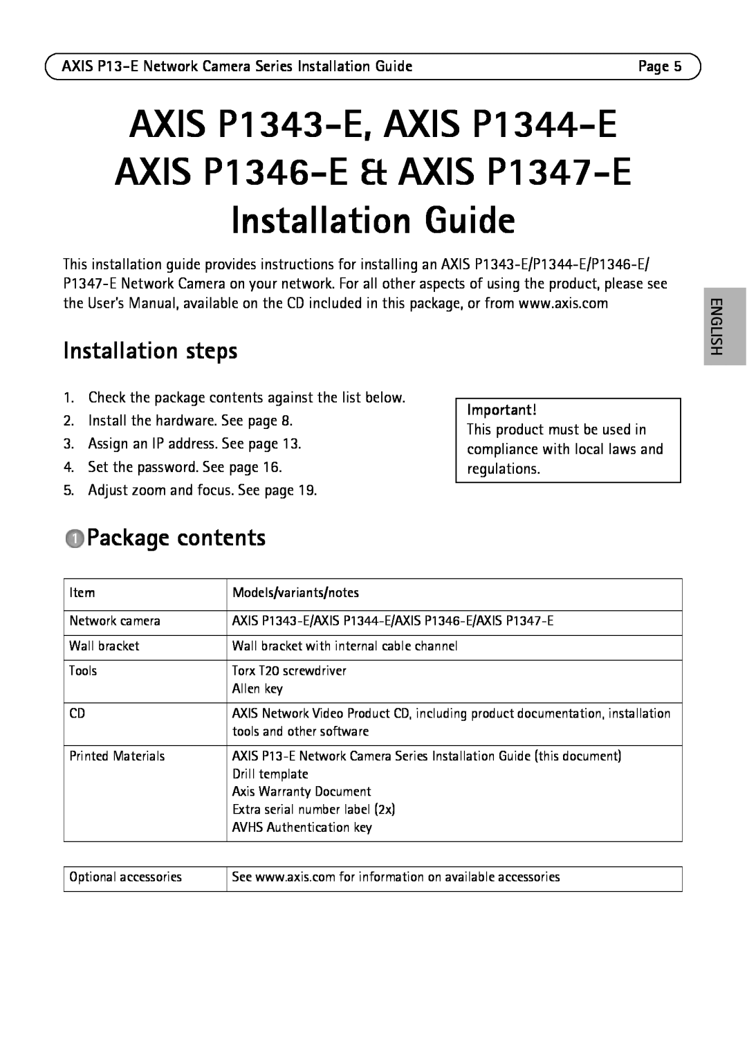 Axis Communications P13-E Installation steps, Package contents, Install the hardware. See page, Set the password. See page 