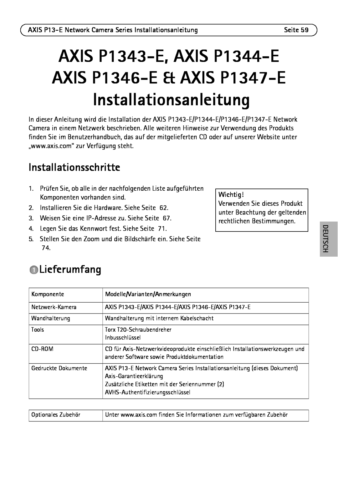 Axis Communications P13-E Installationsschritte, Lieferumfang, Wichtig, Deutsch, Komponente, Modelle/Varianten/Anmerkungen 