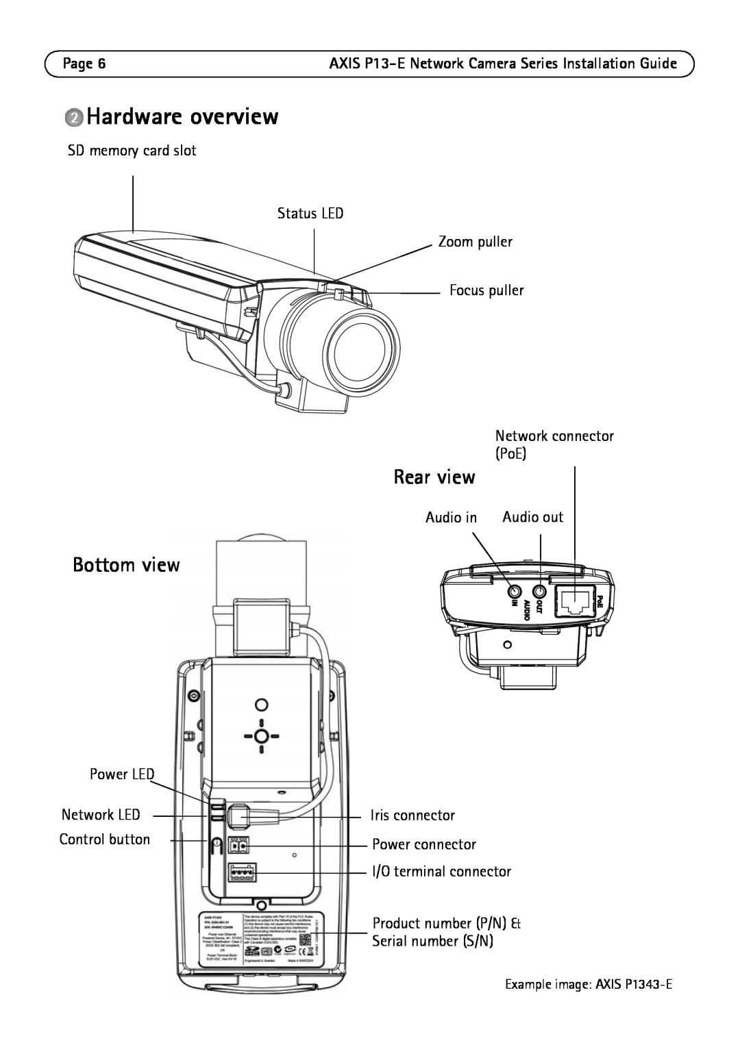 Axis Communications P1343-E, P1347-E, P13-E manual Hardware overview, Rear view, Bottom view 
