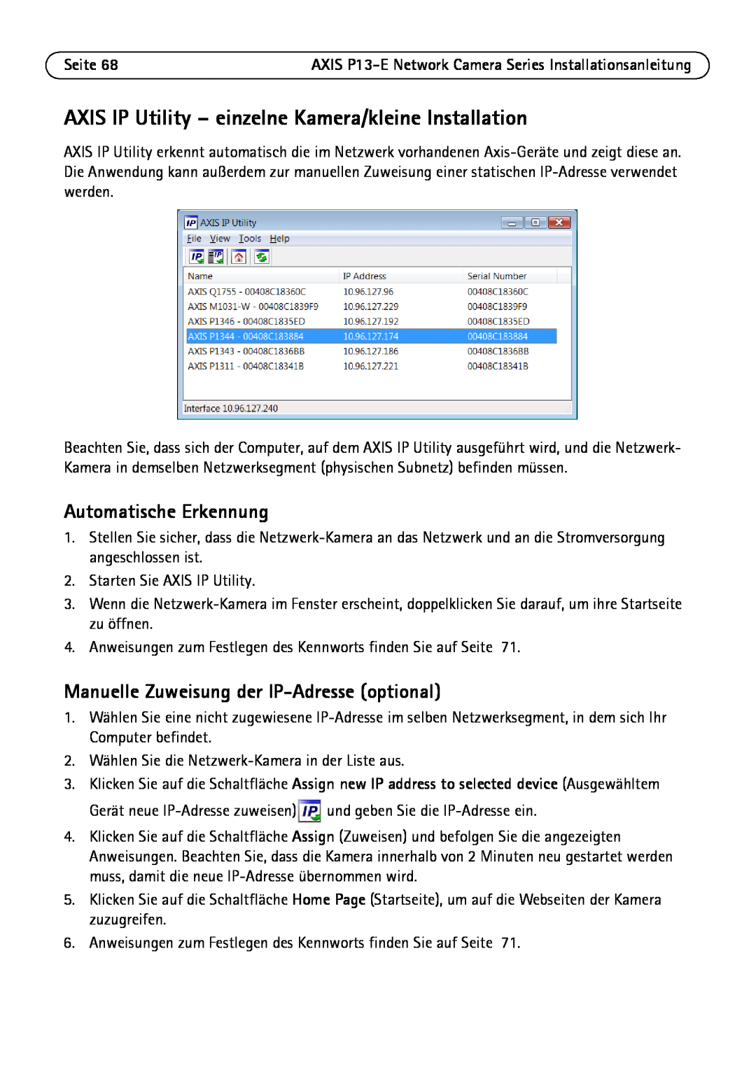 Axis Communications P13-E, P1343-E, P1347-E manual Automatische Erkennung, Manuelle Zuweisung der IP-Adresseoptional 