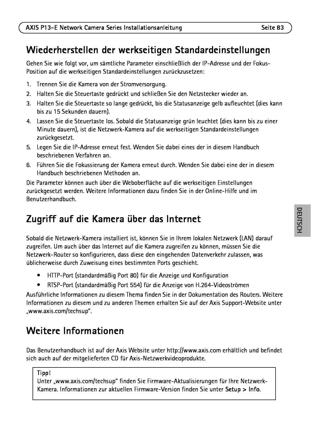 Axis Communications P13-E, P1343-E, P1347-E Zugriff auf die Kamera über das Internet, Weitere Informationen, Tipp, Deutsch 