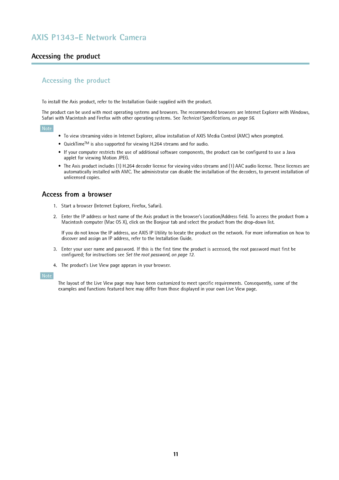 Axis Communications P1343-E user manual Accessing the product, Access from a browser 