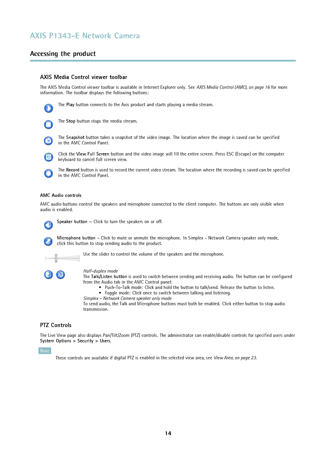 Axis Communications P1343-E user manual Axis Media Control viewer toolbar, PTZ Controls, AMC Audio controls 