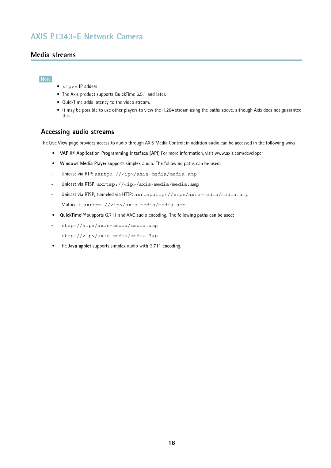 Axis Communications P1343-E user manual Accessing audio streams 