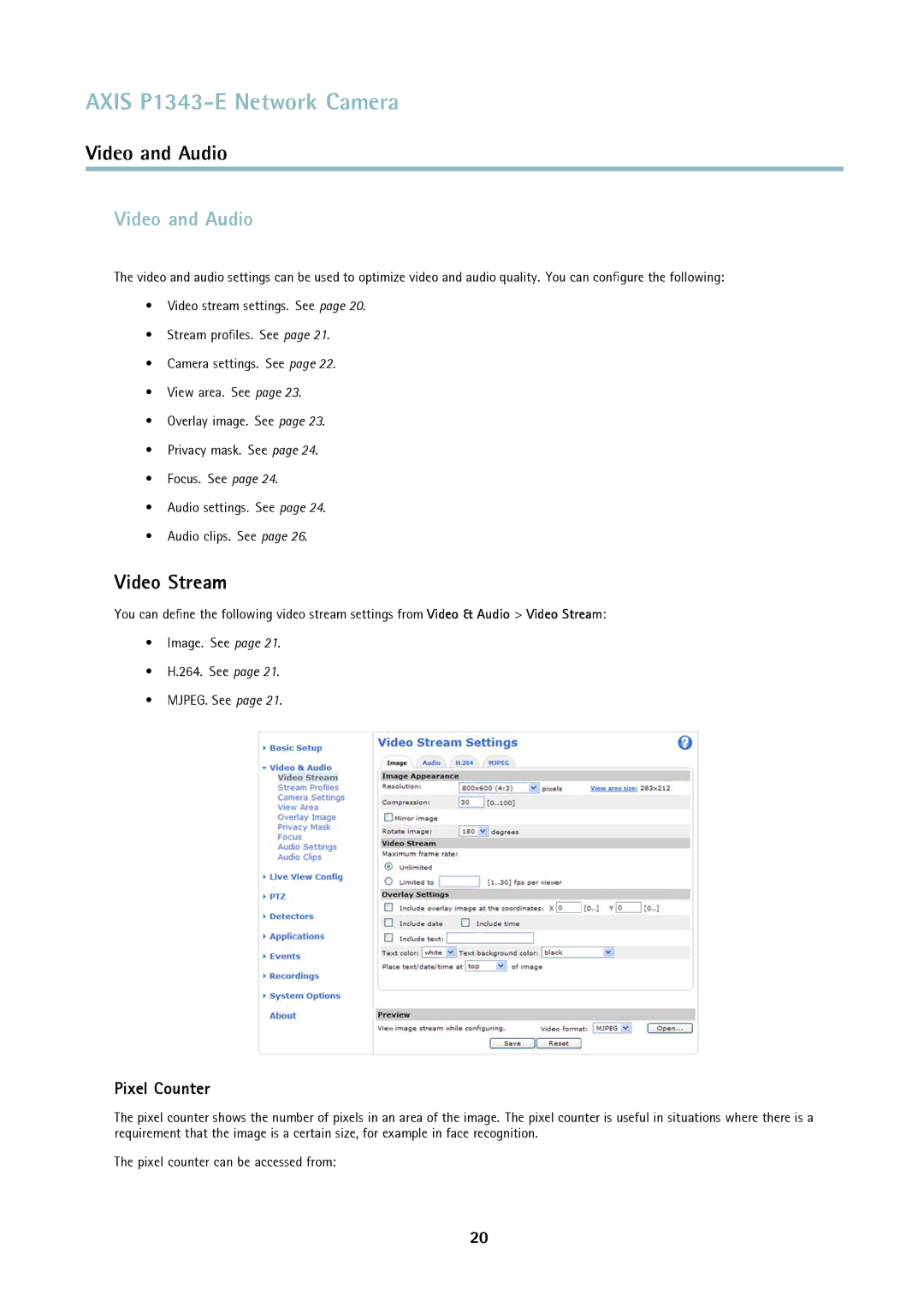 Axis Communications P1343-E user manual Video and Audio, Video Stream, Pixel Counter 