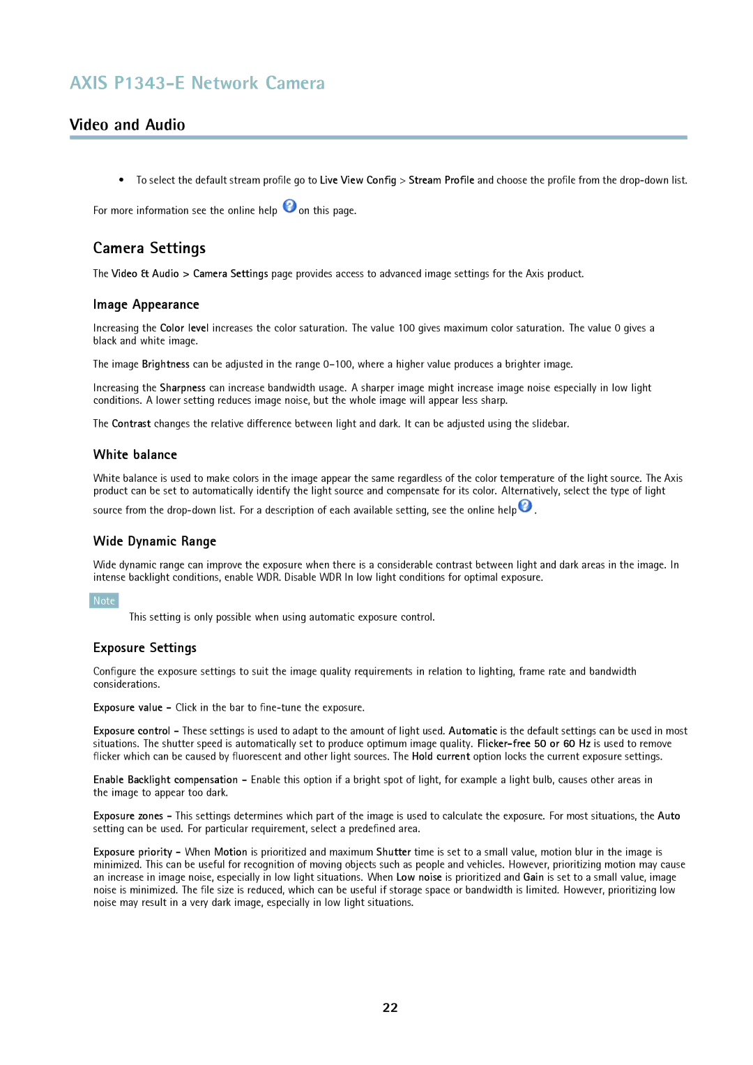 Axis Communications P1343-E Camera Settings, Image Appearance, White balance, Wide Dynamic Range, Exposure Settings 