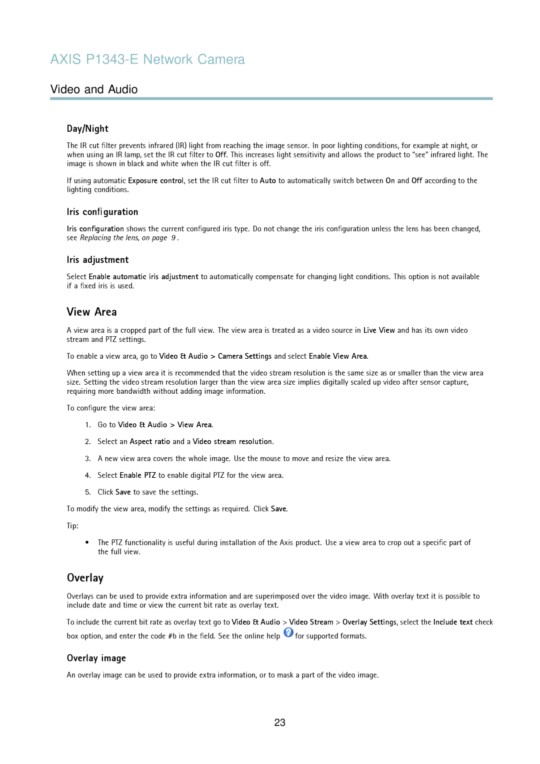 Axis Communications P1343-E user manual View Area, Overlay 