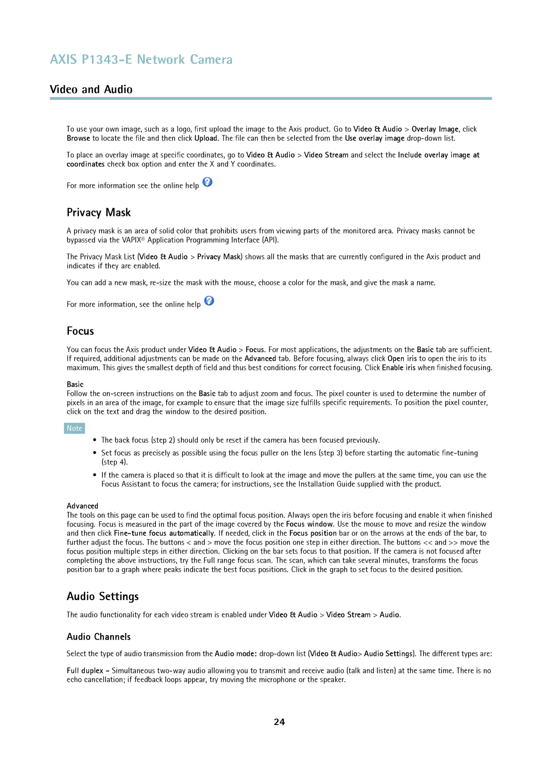 Axis Communications P1343-E user manual Privacy Mask, Focus, Audio Settings, Audio Channels 