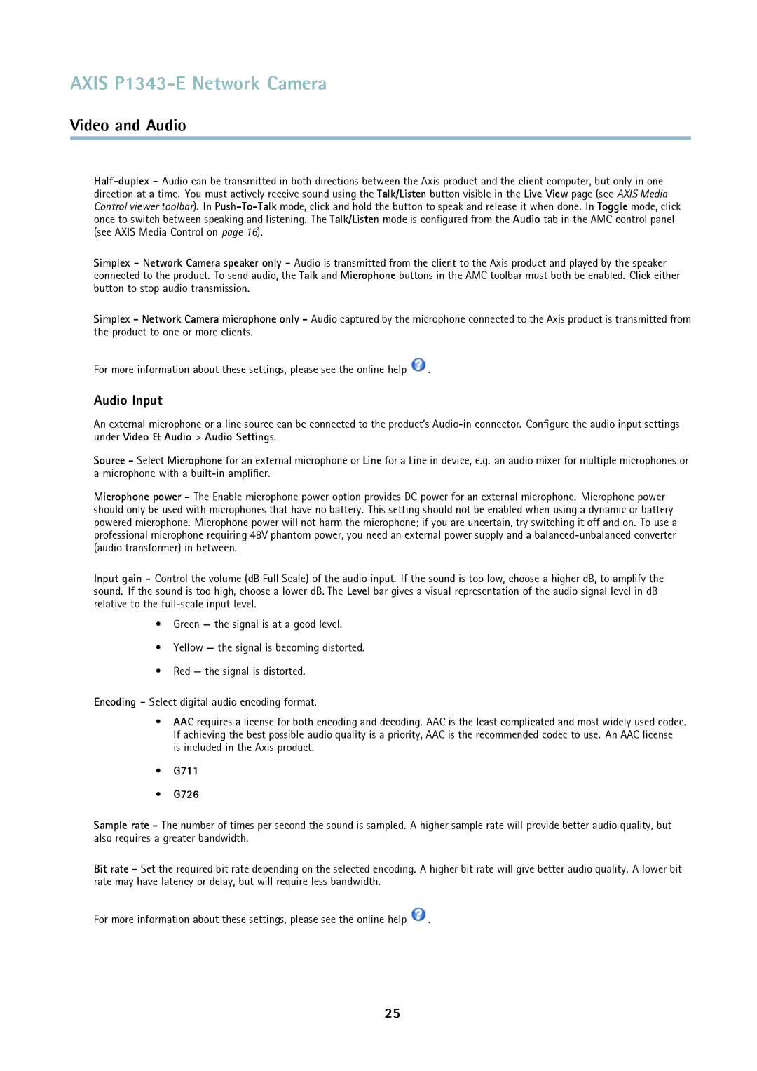 Axis Communications P1343-E user manual Audio Input, G711 G726 