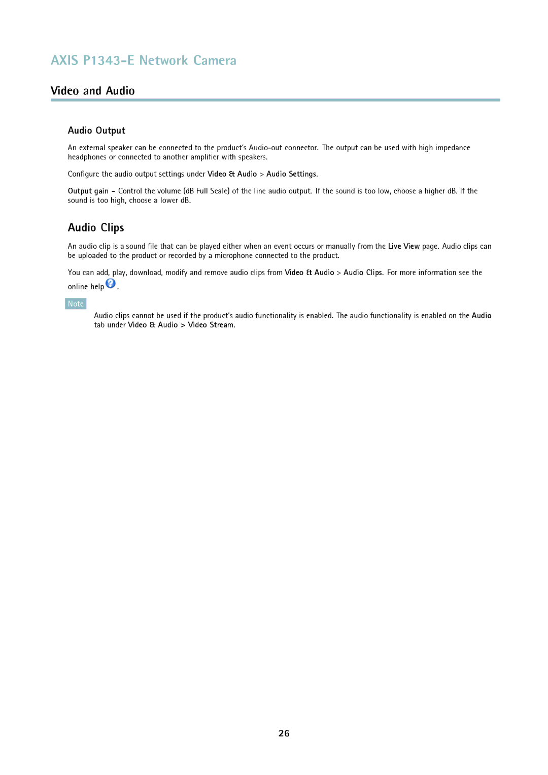 Axis Communications P1343-E user manual Audio Clips, Audio Output 