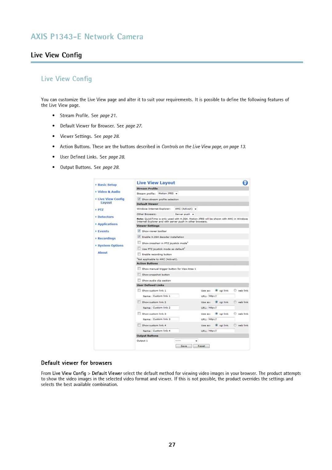 Axis Communications P1343-E user manual Live View Conﬁg, Default viewer for browsers 