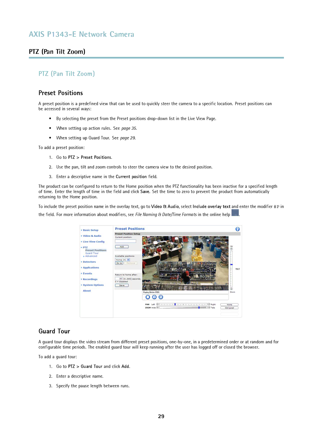 Axis Communications P1343-E user manual PTZ Pan Tilt Zoom, Preset Positions, Guard Tour 