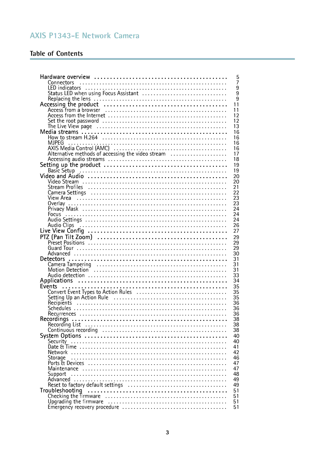 Axis Communications user manual Axis P1343-E Network Camera, Table of Contents 