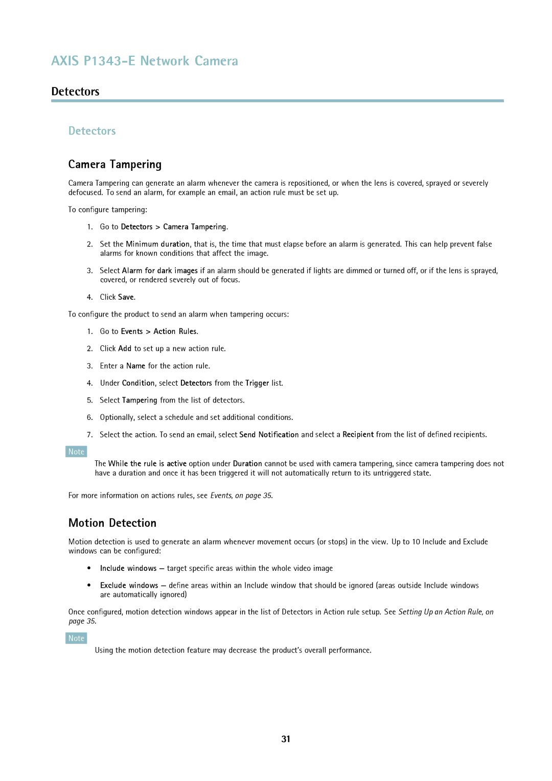 Axis Communications P1343-E user manual Detectors, Camera Tampering, Motion Detection 