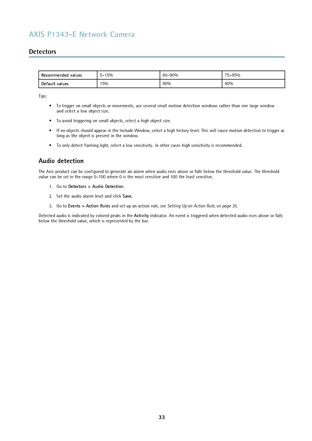 Axis Communications P1343-E Audio detection, Recommended values, Default values, Go to Detectors Audio Detection 