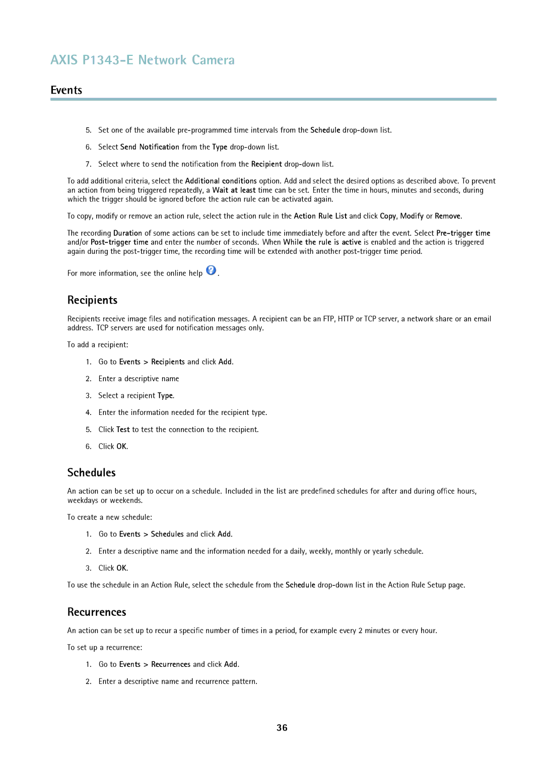 Axis Communications P1343-E user manual Recipients, Schedules, Recurrences 