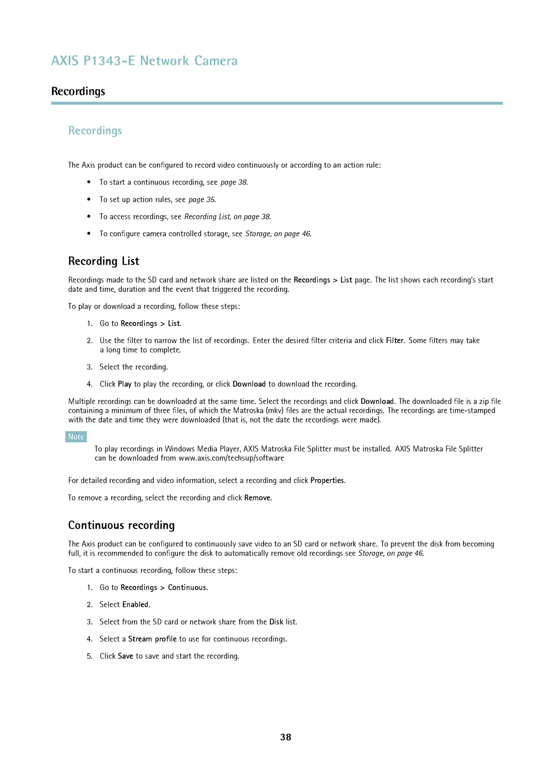 Axis Communications P1343-E user manual Recordings, Recording List, Continuous recording 