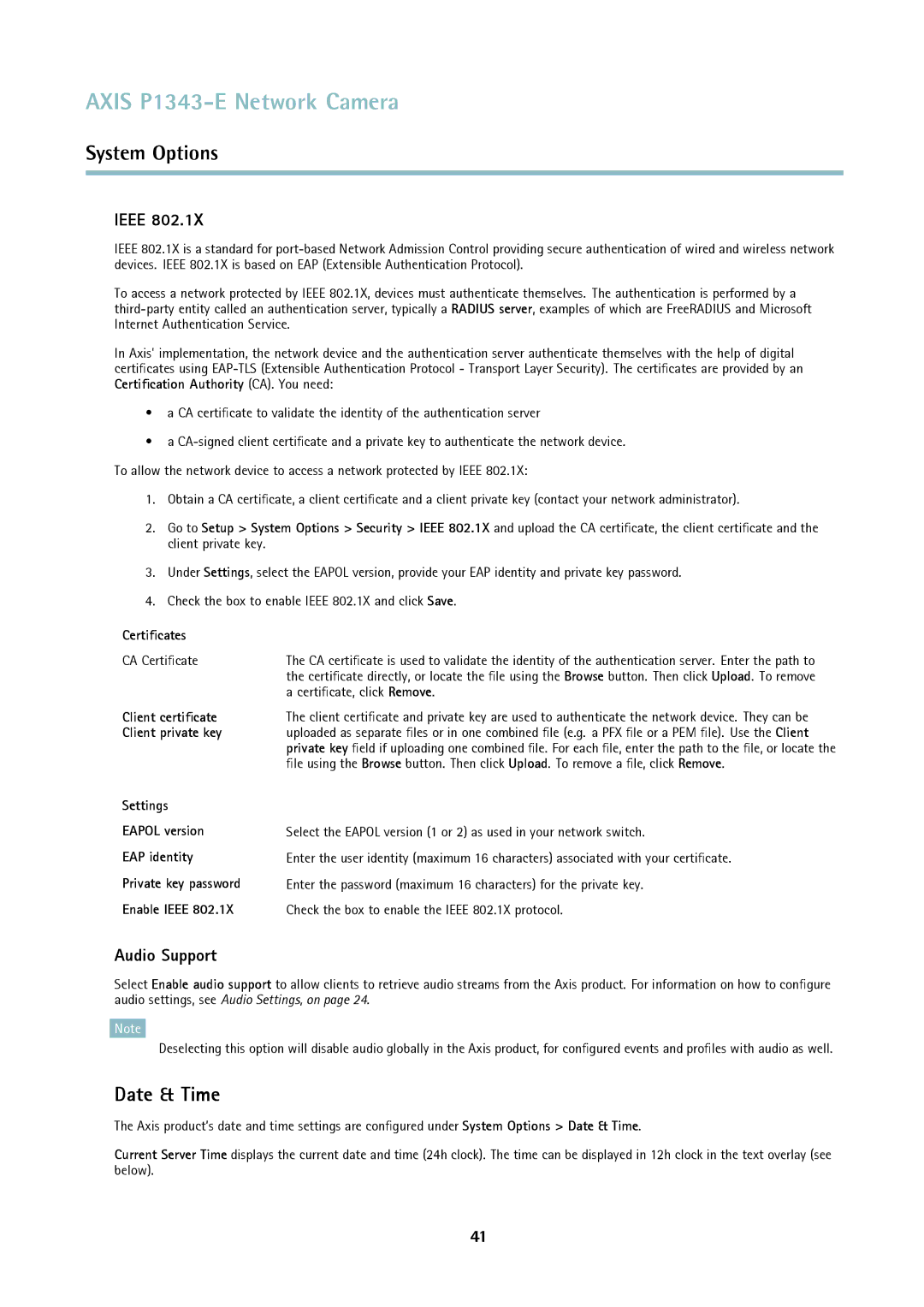 Axis Communications P1343-E user manual Date & Time, Ieee, Audio Support 