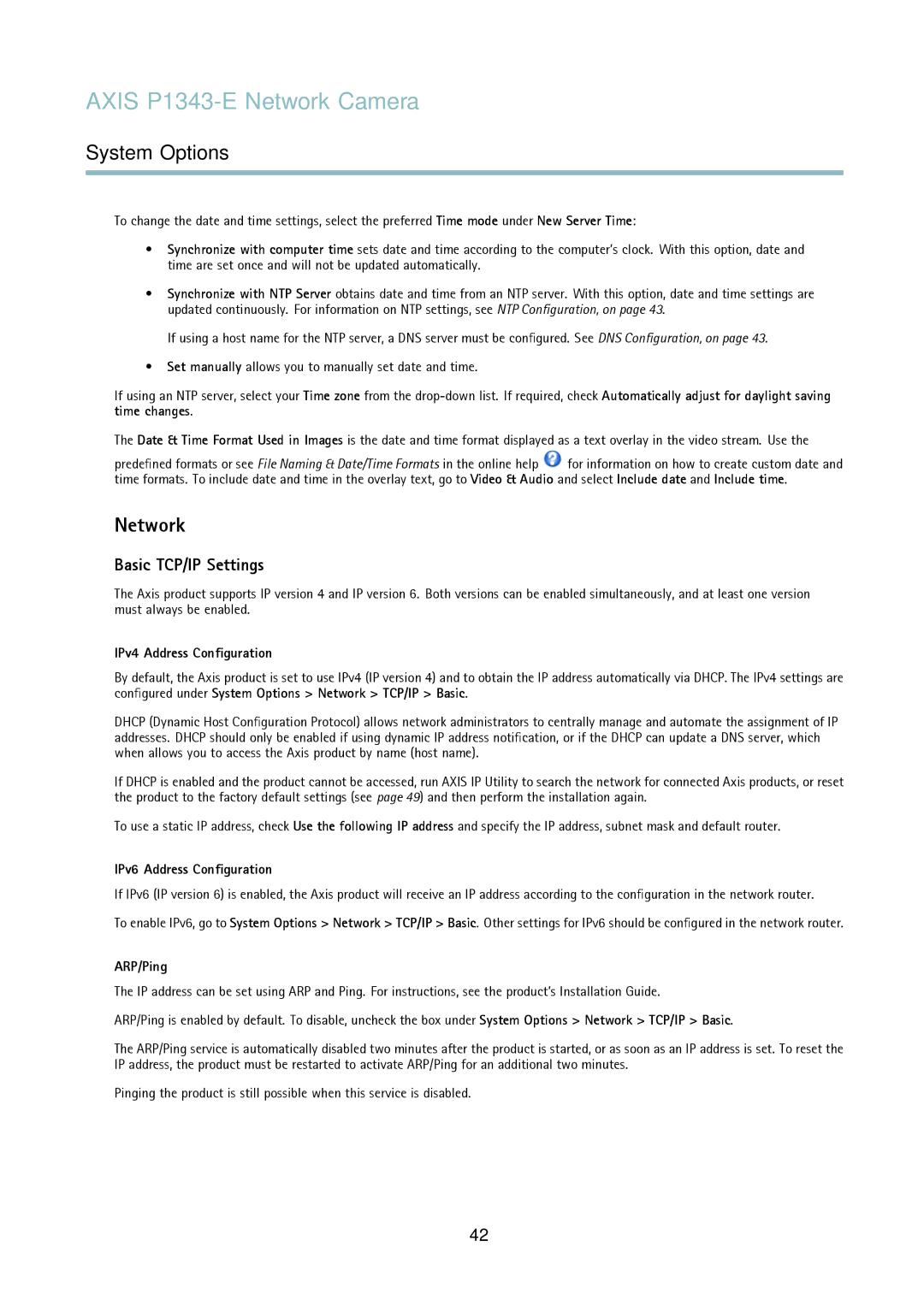 Axis Communications P1343-E Network, Basic TCP/IP Settings, IPv4 Address Conﬁguration, IPv6 Address Conﬁguration, ARP/Ping 