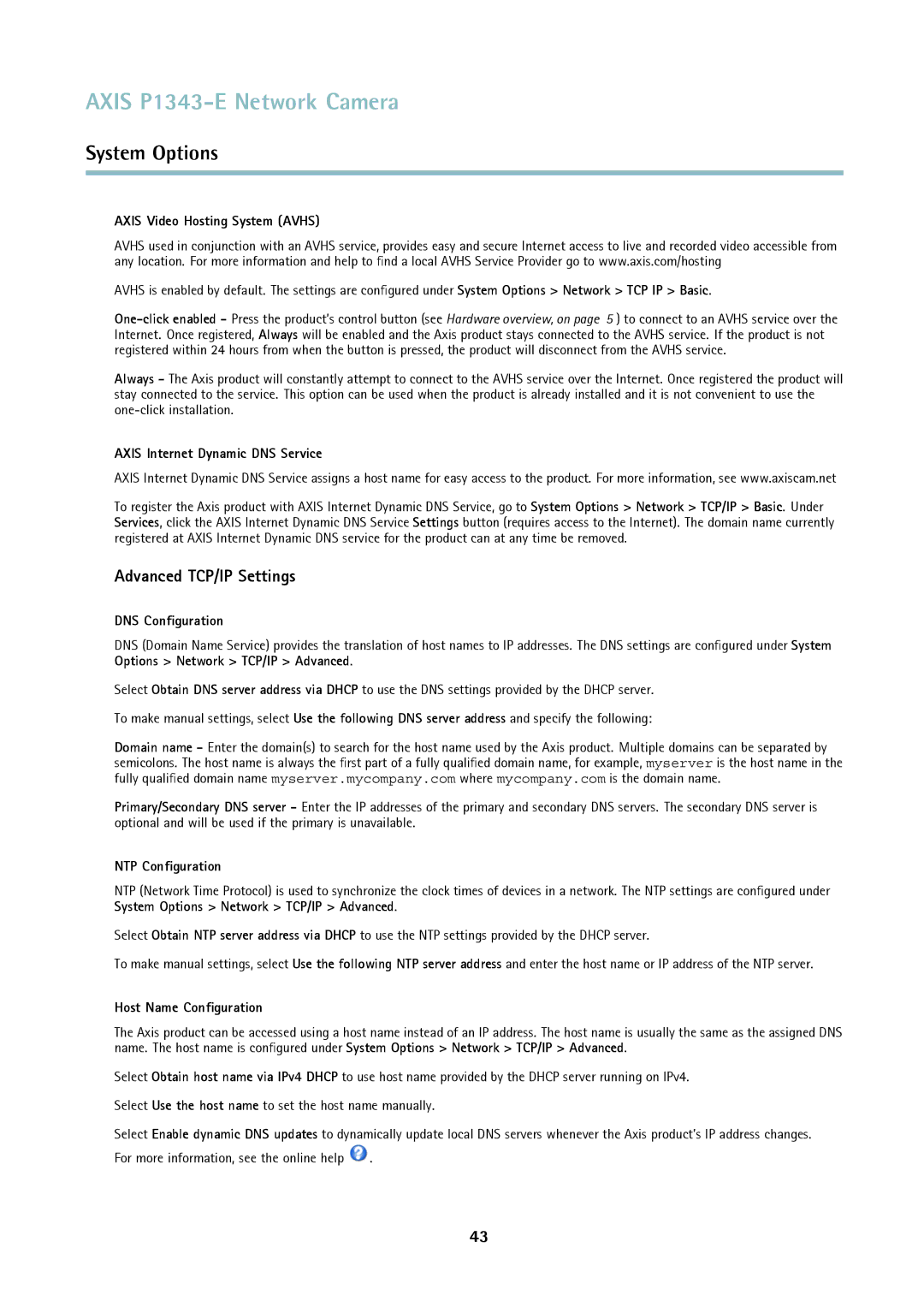 Axis Communications P1343-E user manual Advanced TCP/IP Settings 