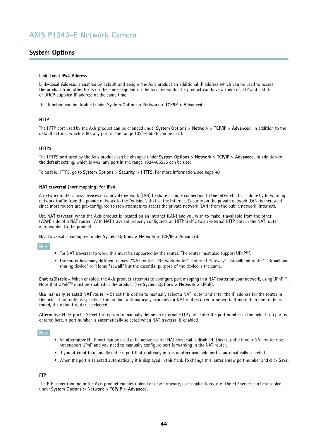 Axis Communications P1343-E user manual Link-Local IPv4 Address, NAT traversal port mapping for IPv4 