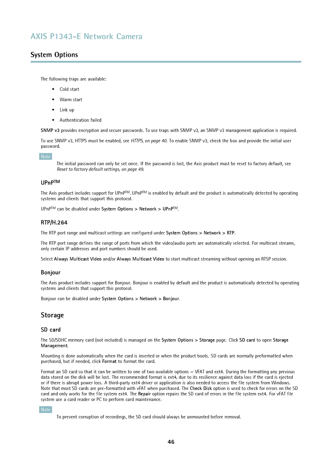 Axis Communications P1343-E user manual Storage, UPnPTM, RTP/H.264, Bonjour, SD card 