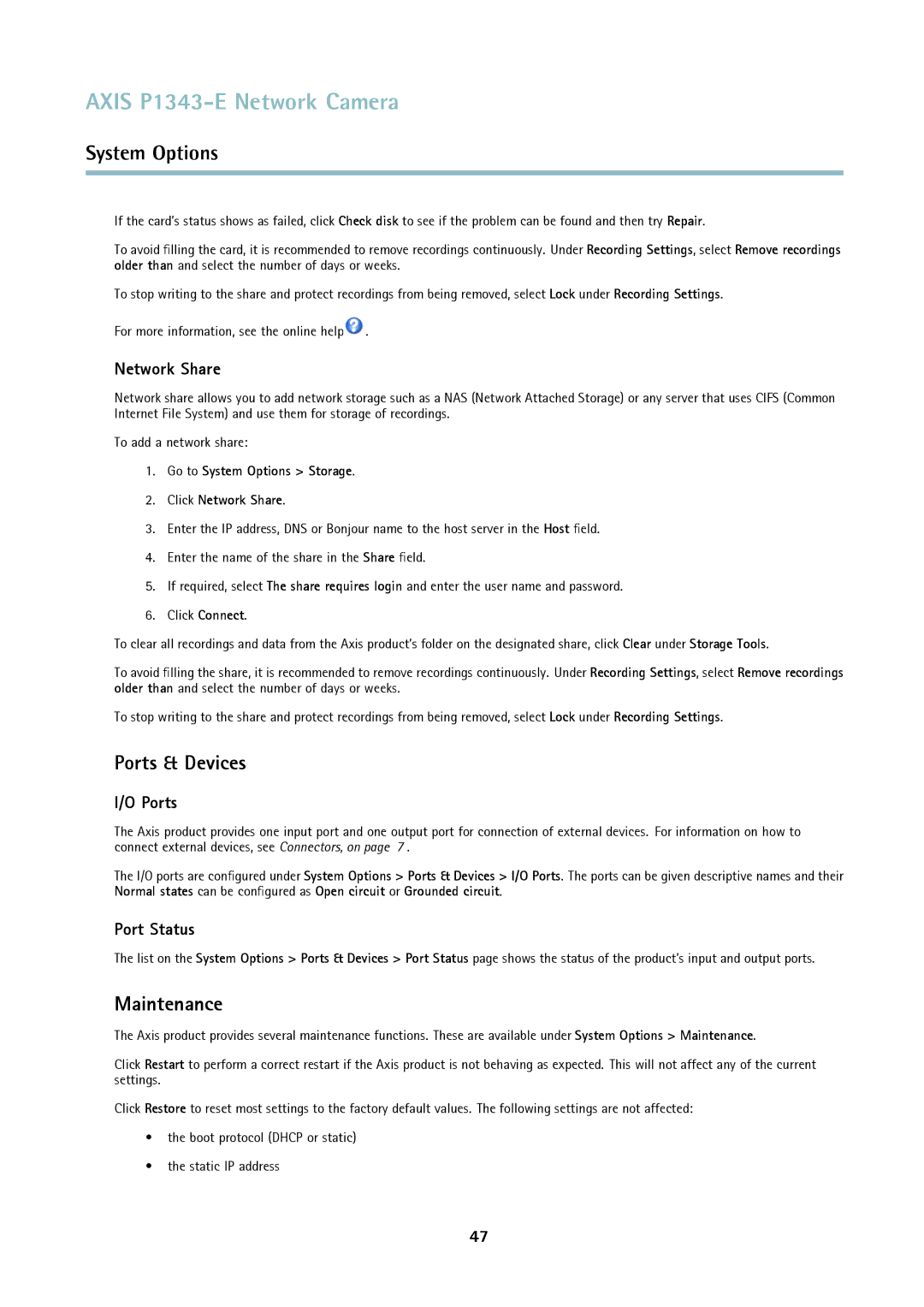 Axis Communications P1343-E user manual Ports & Devices, Maintenance, Network Share, Port Status 