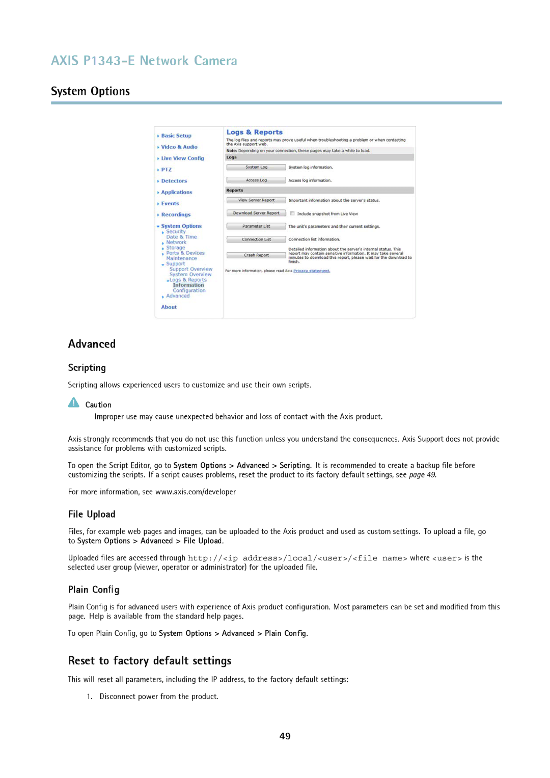 Axis Communications P1343-E user manual Reset to factory default settings, Scripting, File Upload, Plain Conﬁg 