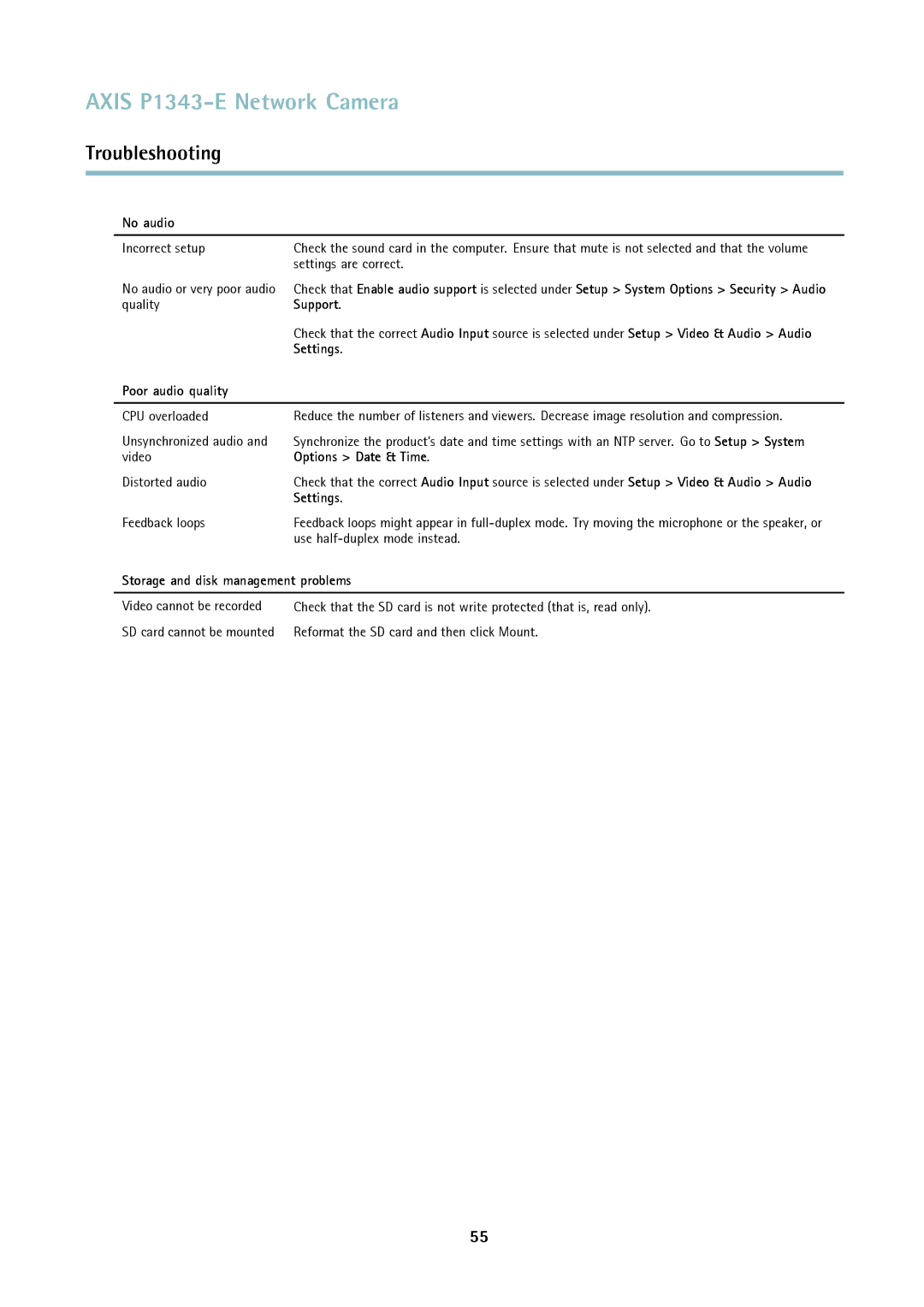 Axis Communications P1343-E user manual No audio, Poor audio quality, Options Date & Time, Settings 