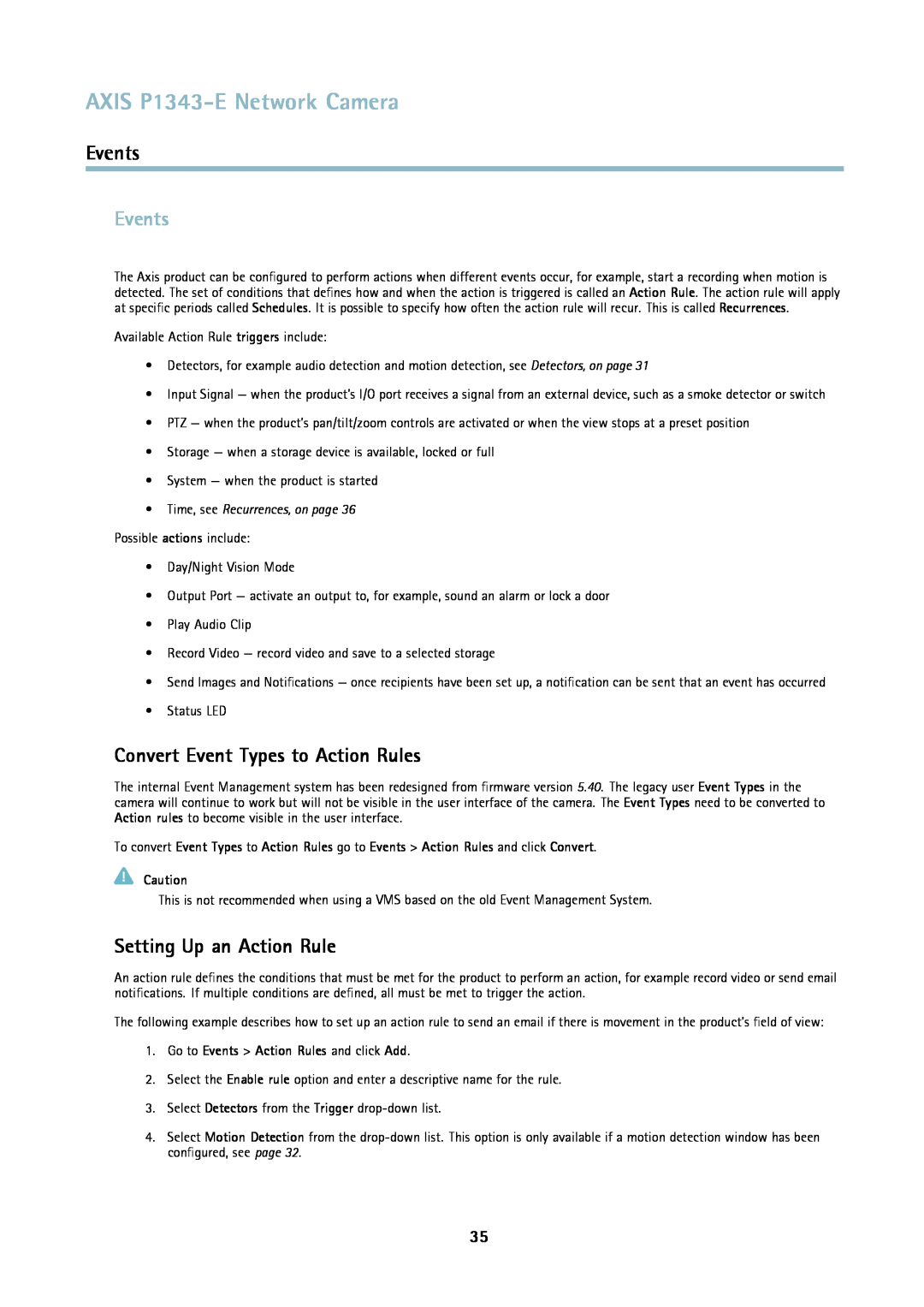 Axis Communications P1343-E user manual Events, Convert Event Types to Action Rules, Setting Up an Action Rule 