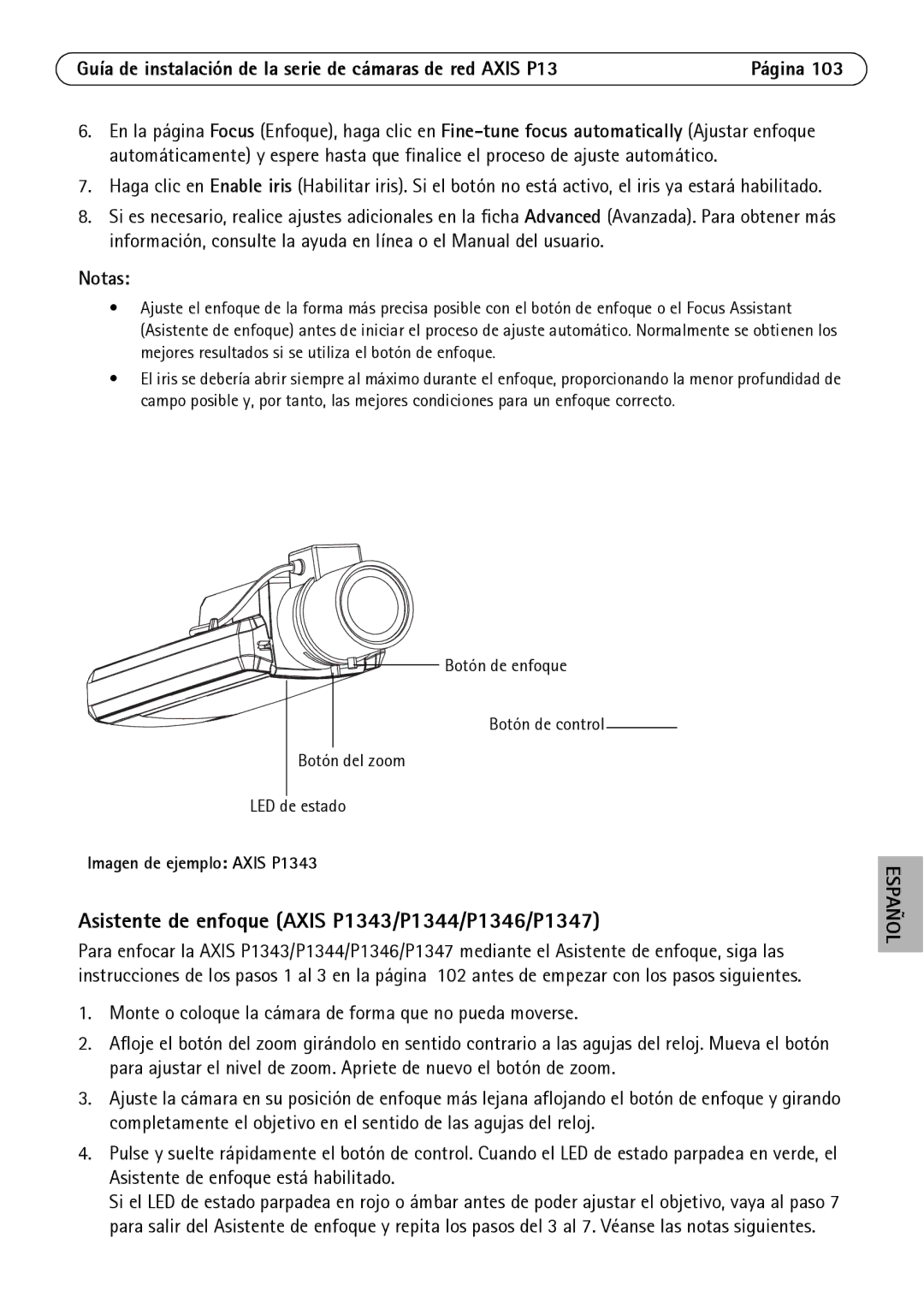 Axis Communications P1311 manual Asistente de enfoque Axis P1343/P1344/P1346/P1347, Imagen de ejemplo Axis P1343 