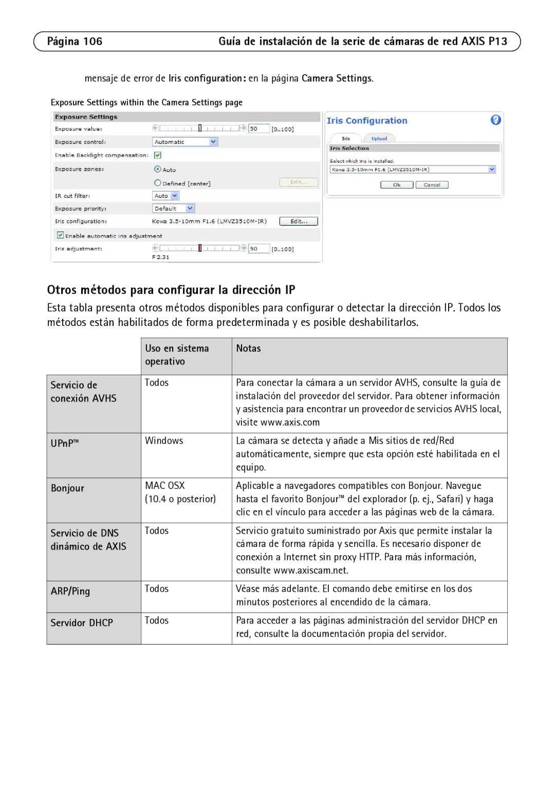 Axis Communications P1343, P1344 Otros métodos para configurar la dirección IP, Uso en sistema Notas Operativo Servicio de 