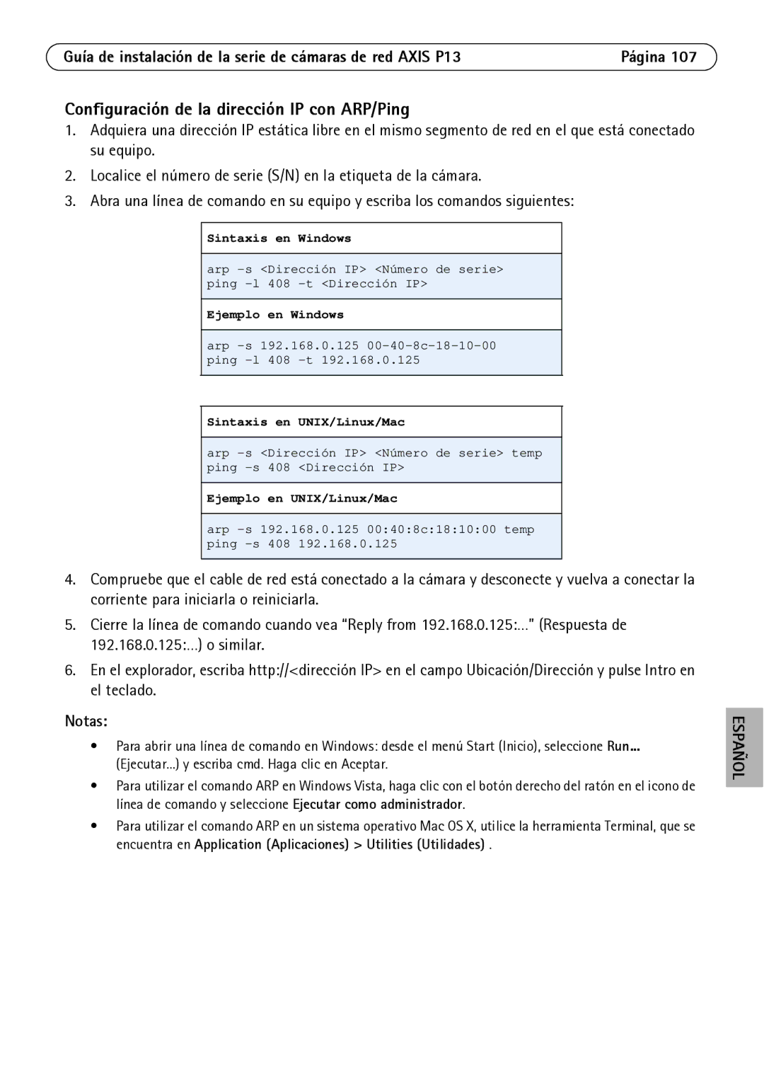 Axis Communications P1311, P1344, P1347, P1343 manual Configuración de la dirección IP con ARP/Ping, Notas 