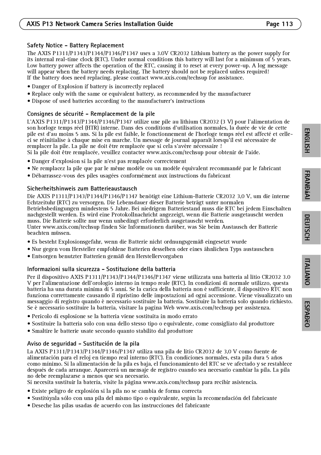 Axis Communications P1347, P1344, P1343, P1311 manual English FRANÐáAI Deutsch Italiano ESPAÐëO 