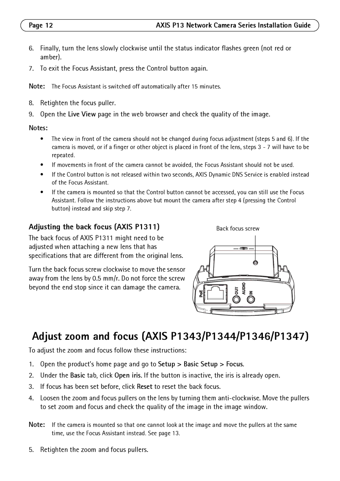 Axis Communications manual Adjust zoom and focus Axis P1343/P1344/P1346/P1347, Adjusting the back focus Axis P1311 