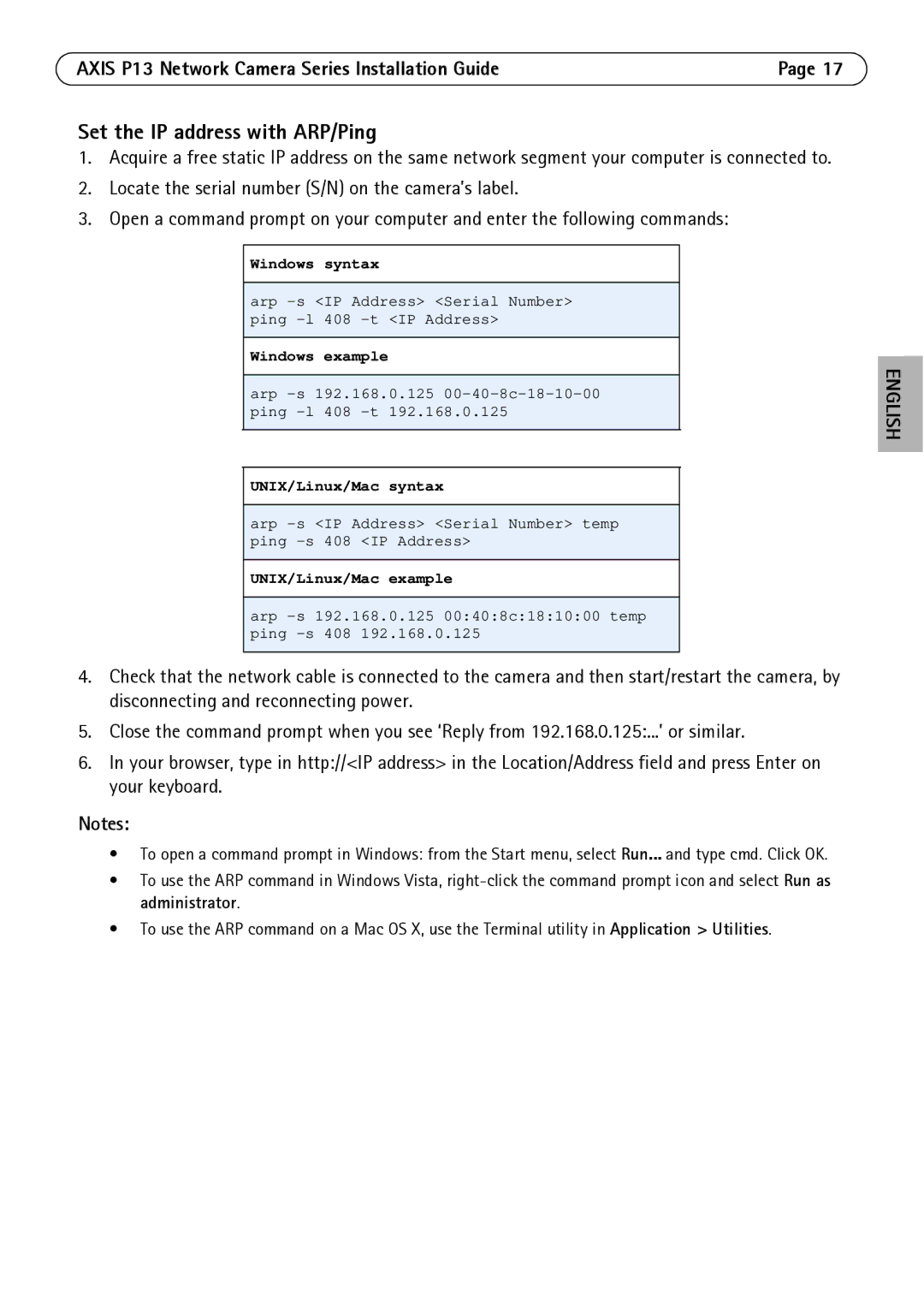 Axis Communications P1347, P1344, P1343, P1311 manual Set the IP address with ARP/Ping 